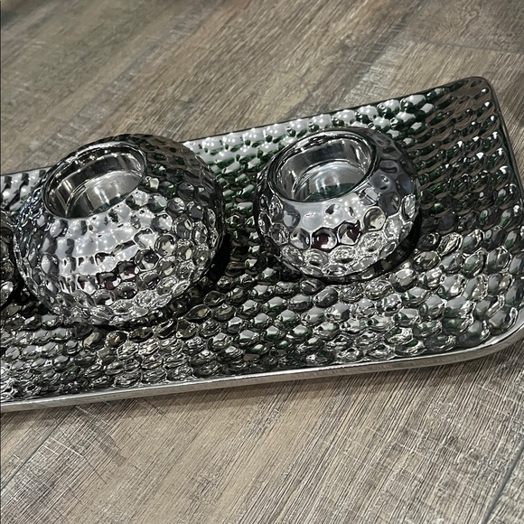 Silver Ceramic Tray with 3 Candle Holders  EUC Like New - Picture 3 of 8